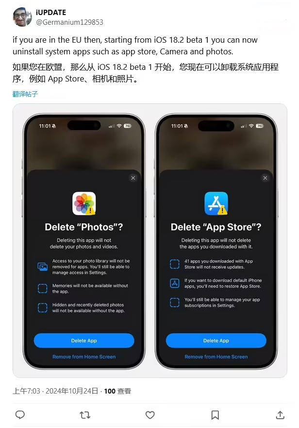 宜良苹果手机维修分享iOS 18.2 支持删除 App Store 应用商店 